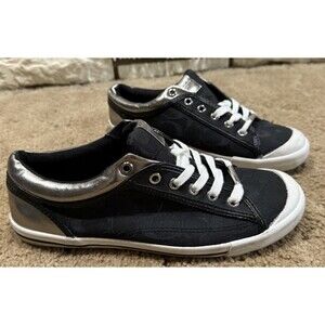 Coach Francesca Sneakers Women’s 9B Black Signature Metallic Silver Trim Lace Up